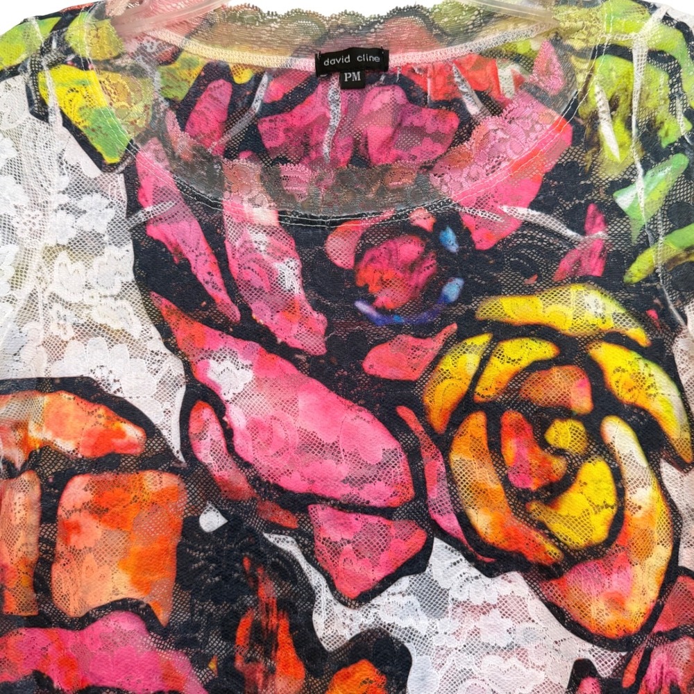 David Cline W Stained Glass Floral Lace 3/4 Sleeve Top Multi Color Rose Print PM - Picture 2 of 8